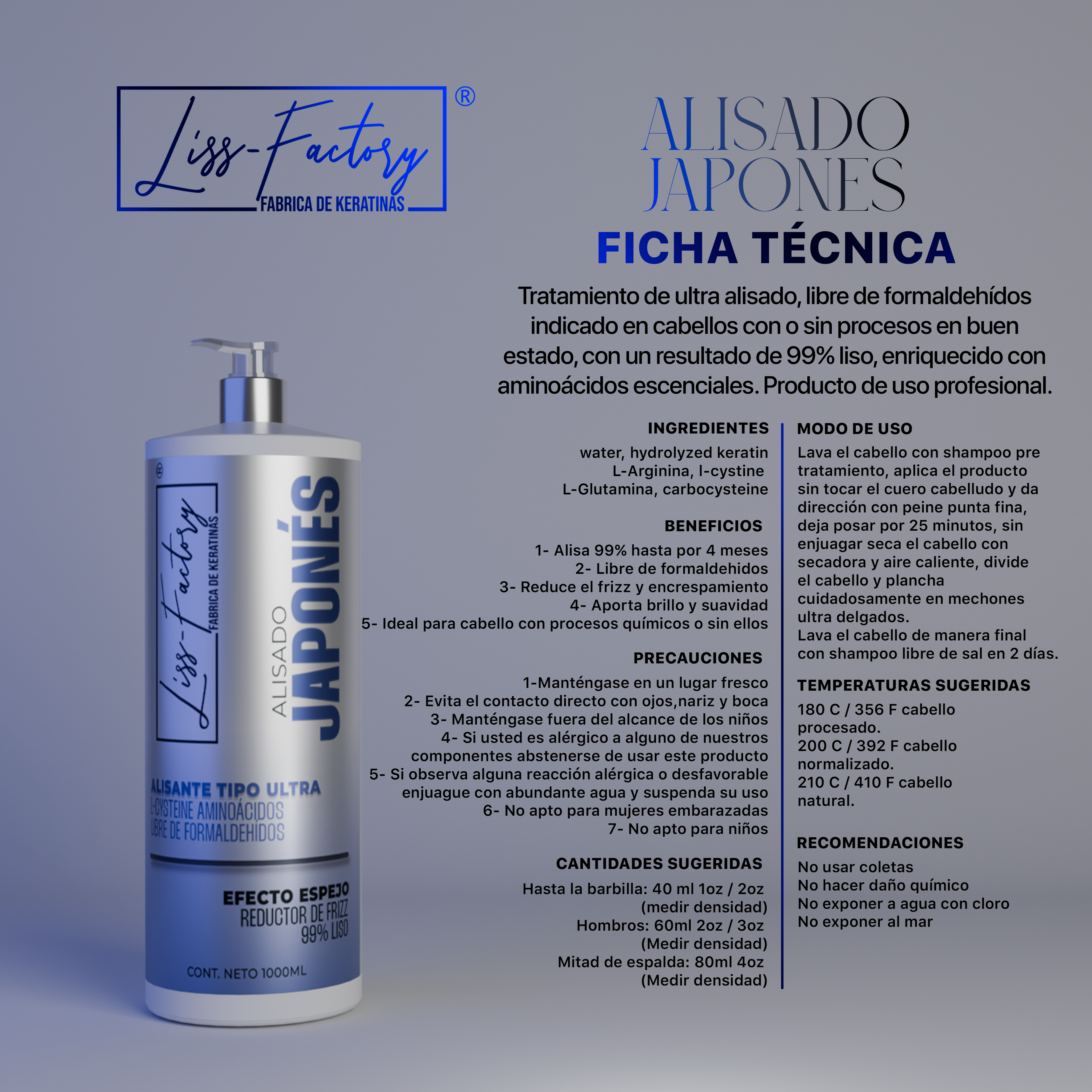 Liss-Factory Alisado Japonés Profesional Sin Formol 500 ml | Brillo Espejo y Control de Frizz