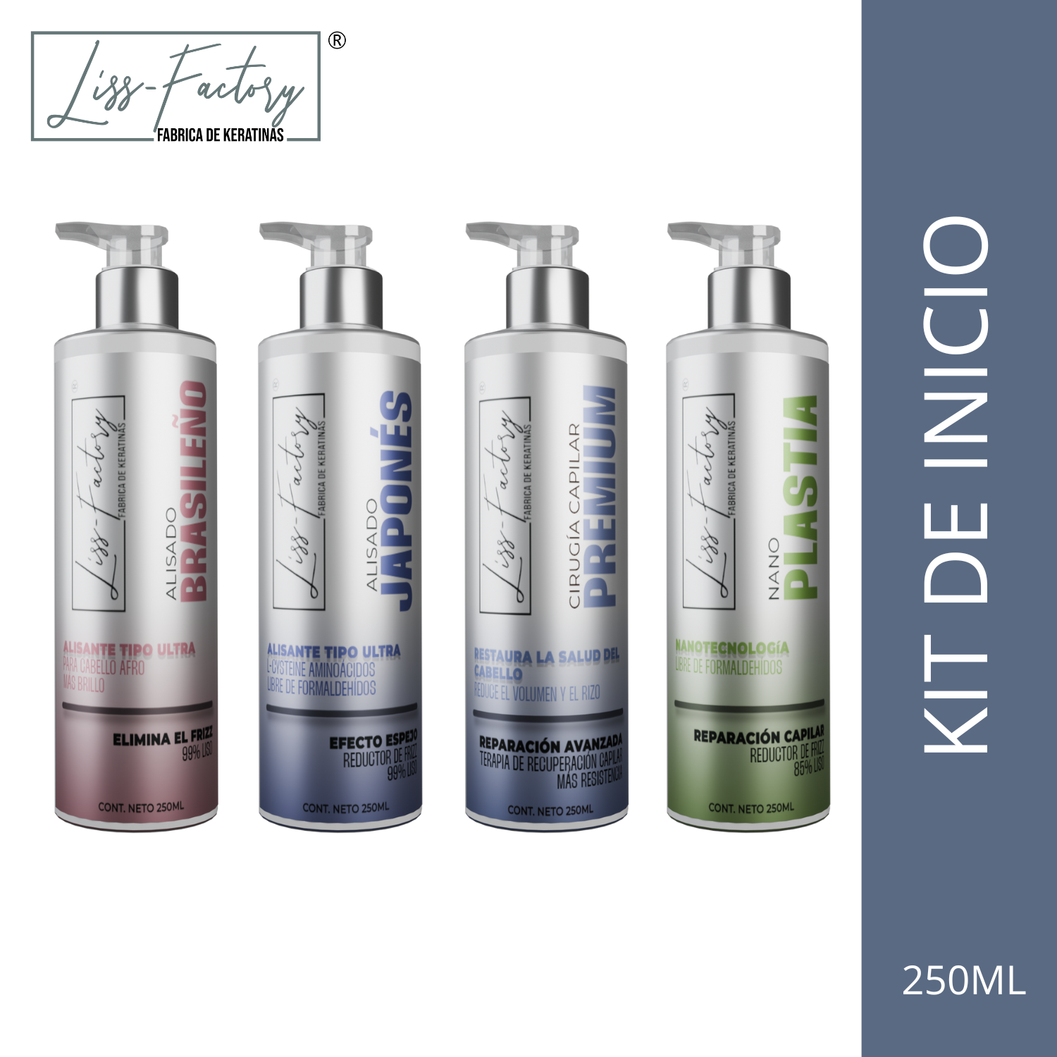 Kit Profesional 4 Fórmulas de Alisado Liss-Factory 250 ml | Japonés, Brasileño, Nanoplastia y Cirugía Capilar