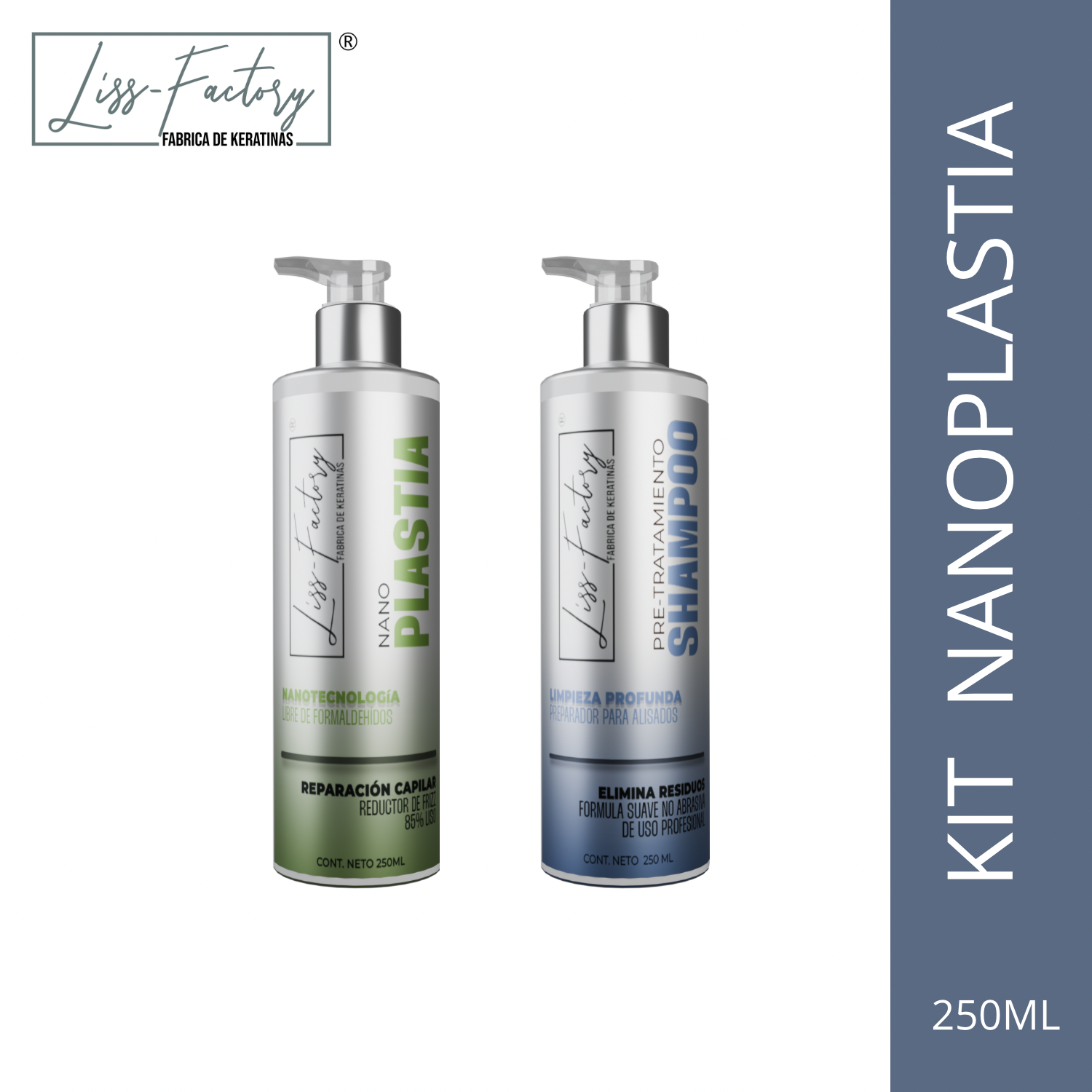 Kit Alisado Nanoplastia Profesional Liss-Factory 250 ml + Shampoo Pre 250 ml | Sin Formol