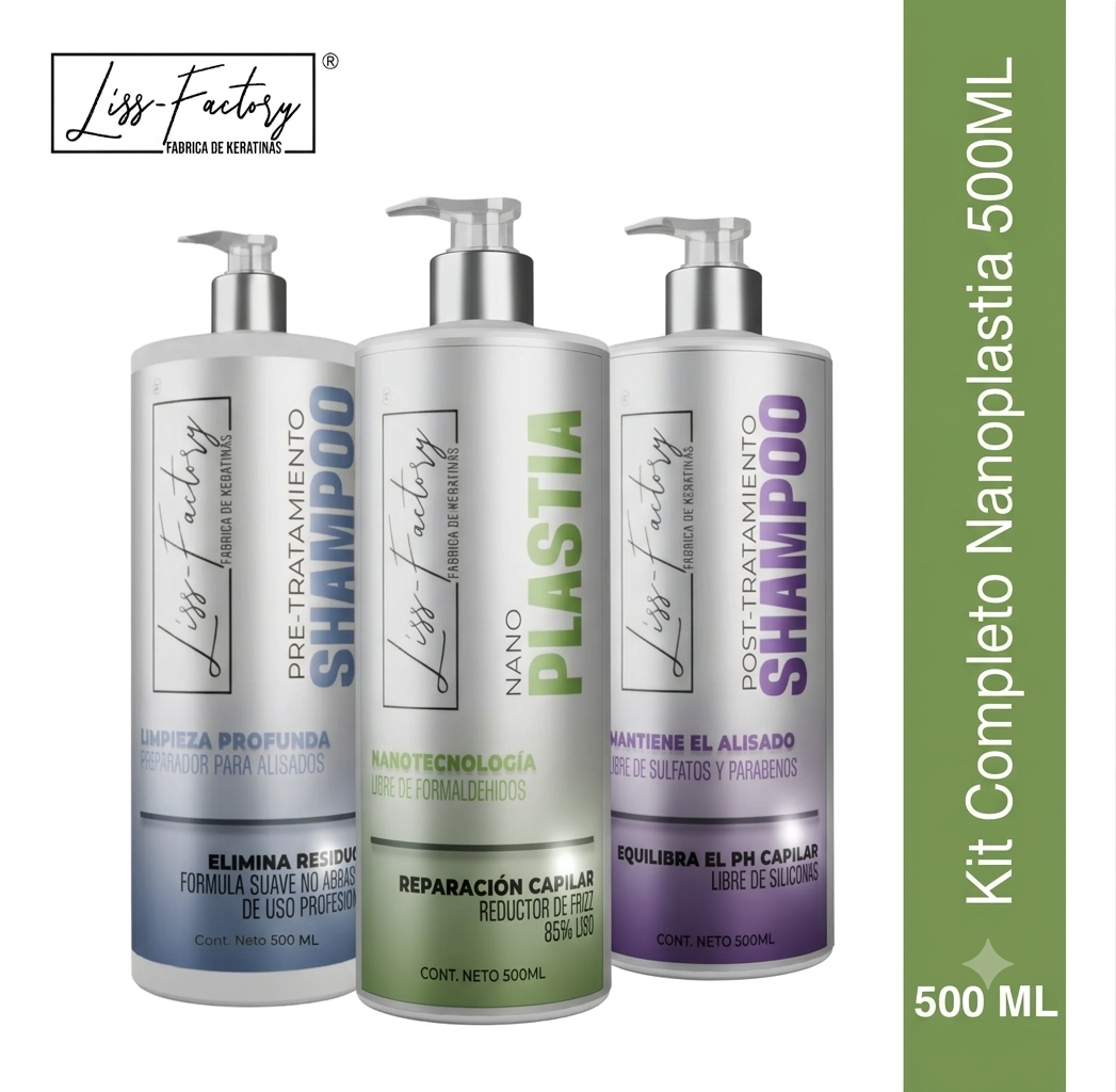 Kit Completo Nanoplastia Profesional Liss-Factory 500 ml | Shampoo Pre + Tratamiento + Shampoo Post