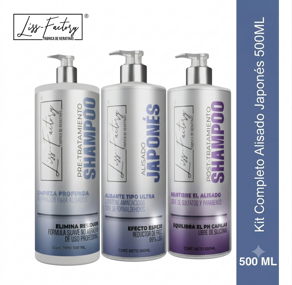 Kit Completo Alisado Japonés Profesional Liss-Factory 500 ml | Shampoo Pre + Tratamiento + Shampoo Post