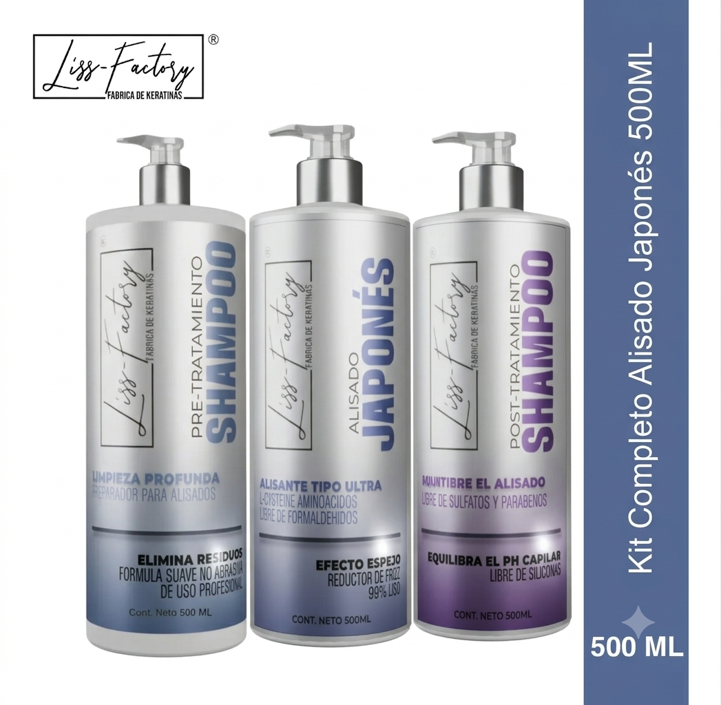 Kit Completo Alisado Japonés Profesional Liss-Factory 500 ml | Shampoo Pre + Tratamiento + Shampoo Post
