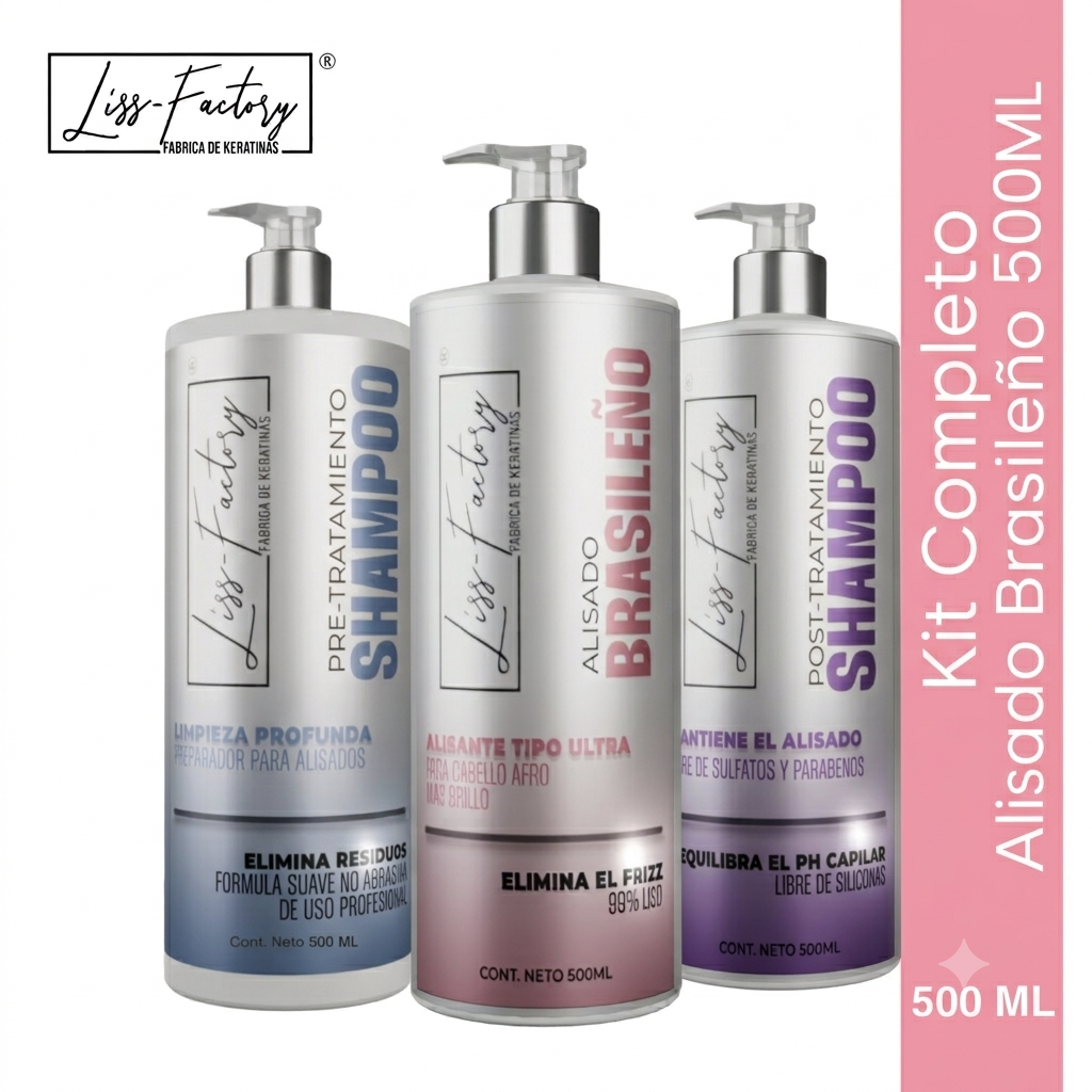 Kit Completo Alisado Brasileño Profesional Liss-Factory 500 ml | Shampoo Pre + Tratamiento + Shampoo Post