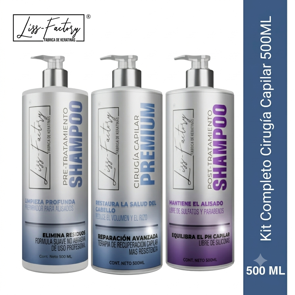 Kit Completo Cirugía Capilar Profesional Liss-Factory 500 ml | Shampoo Pre + Tratamiento + Shampoo Post